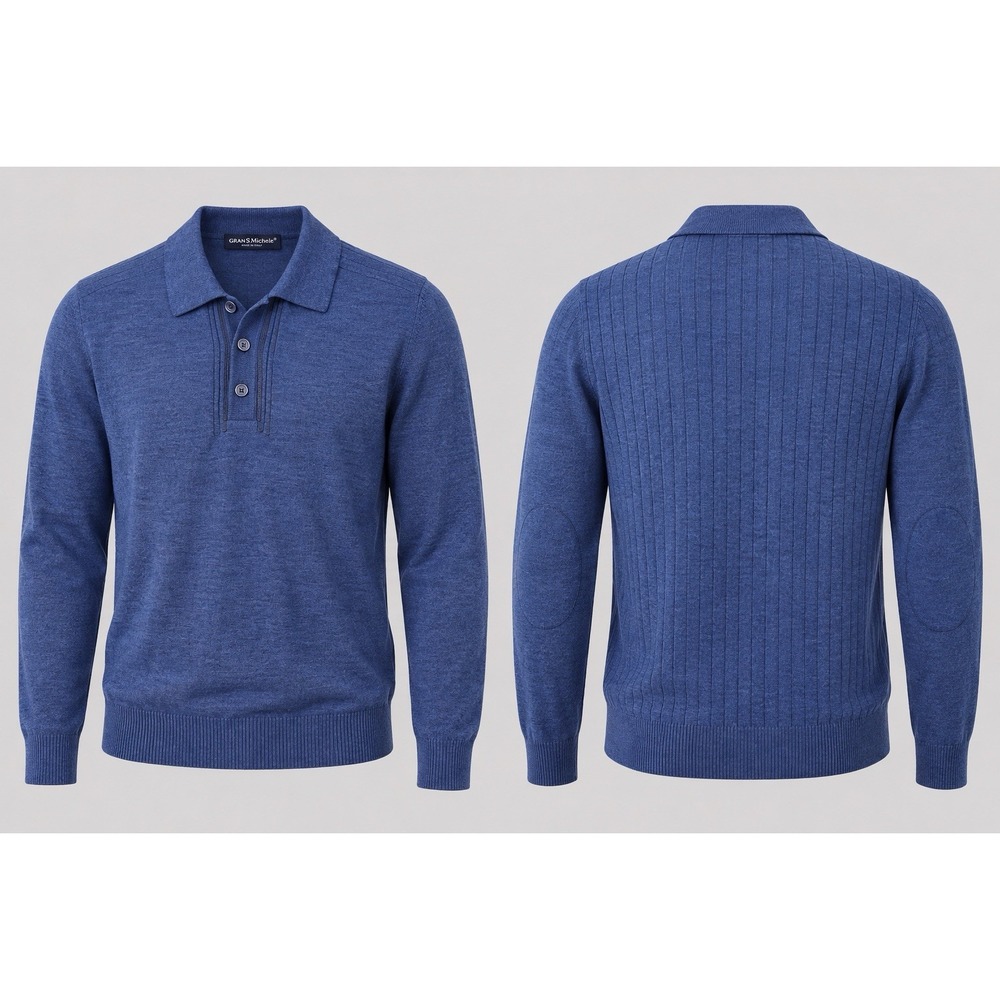 Gianni Marcelo  POLO Sweater Mens Large  Heathered Blue Merino Wool Blend